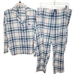 Croft & Barrow Pajama Set XL Blue PlaidFlannel Button Top Pants Lounge Sleepwear